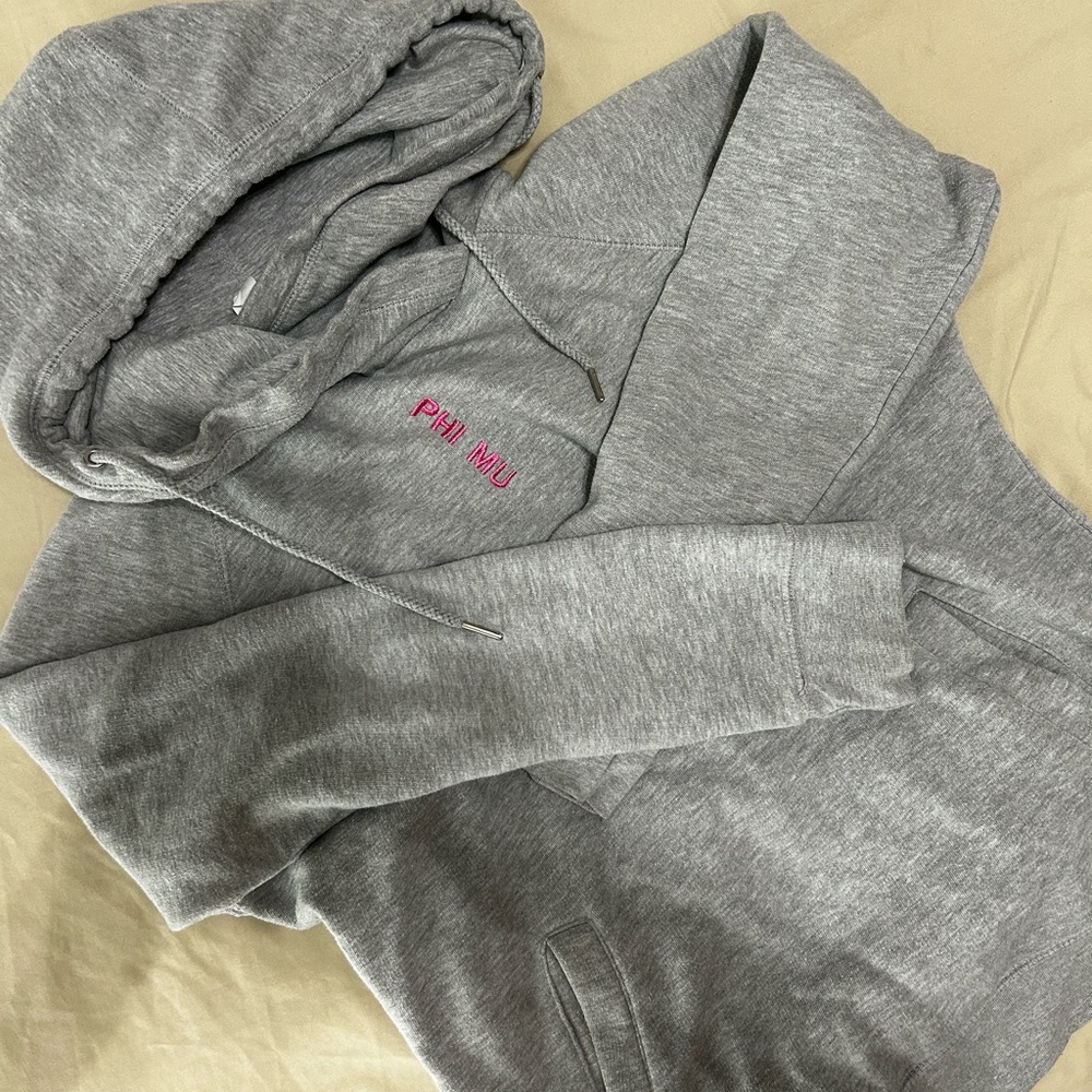 Grey Phi Mu hoodie /Sweatshirt. Cow neck. Vertical Pink phi mu monogram detail